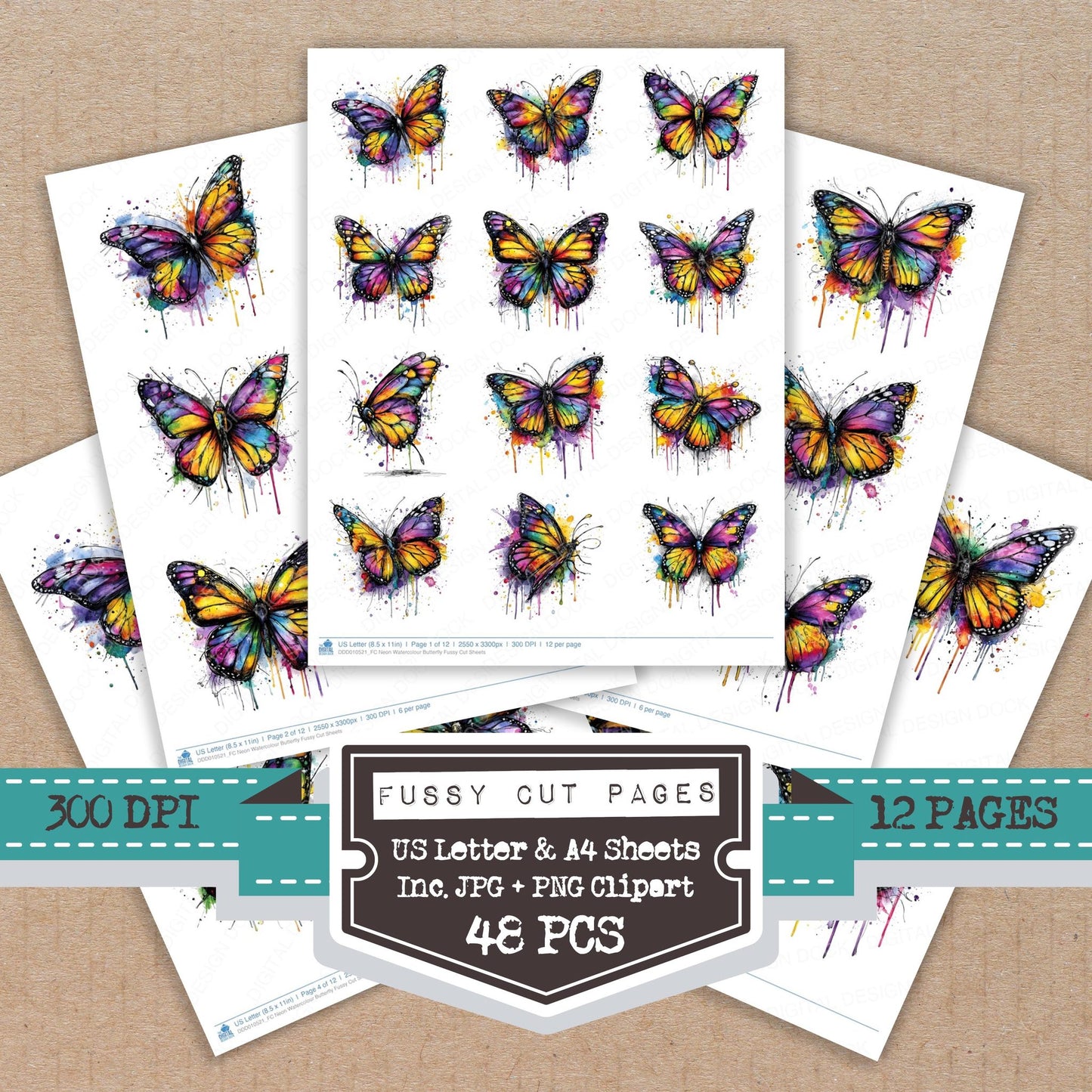 Neon Watercolour Butterfly Fussy Cut Sheets (DDD010521)