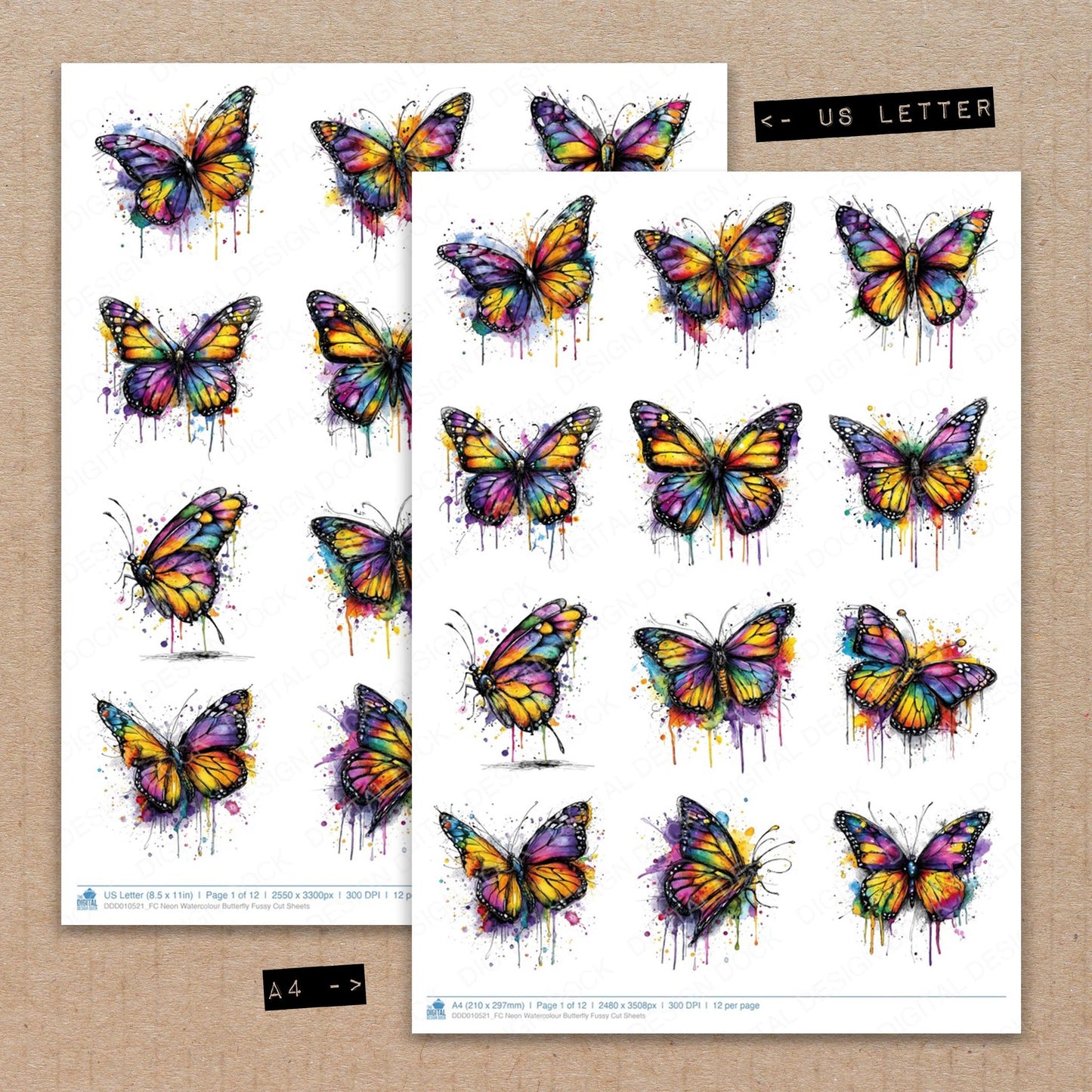 Neon Watercolour Butterfly Fussy Cut Sheets (DDD010521)