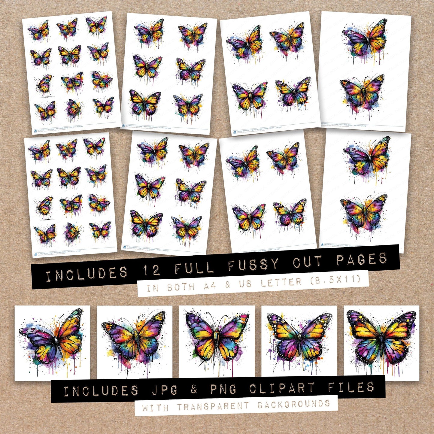 Neon Watercolour Butterfly Fussy Cut Sheets (DDD010521)