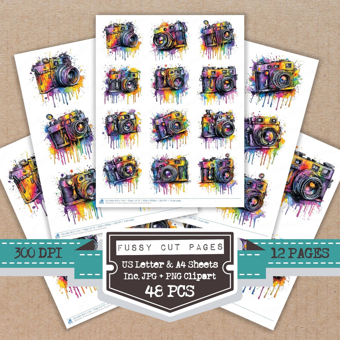 Neon Watercolour Camera Fussy Cut Sheets (DDD010522)
