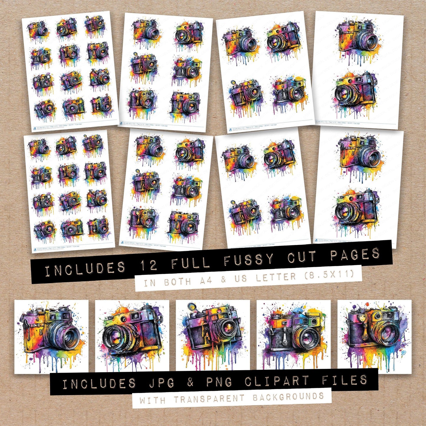 Neon Watercolour Camera Fussy Cut Sheets (DDD010522)