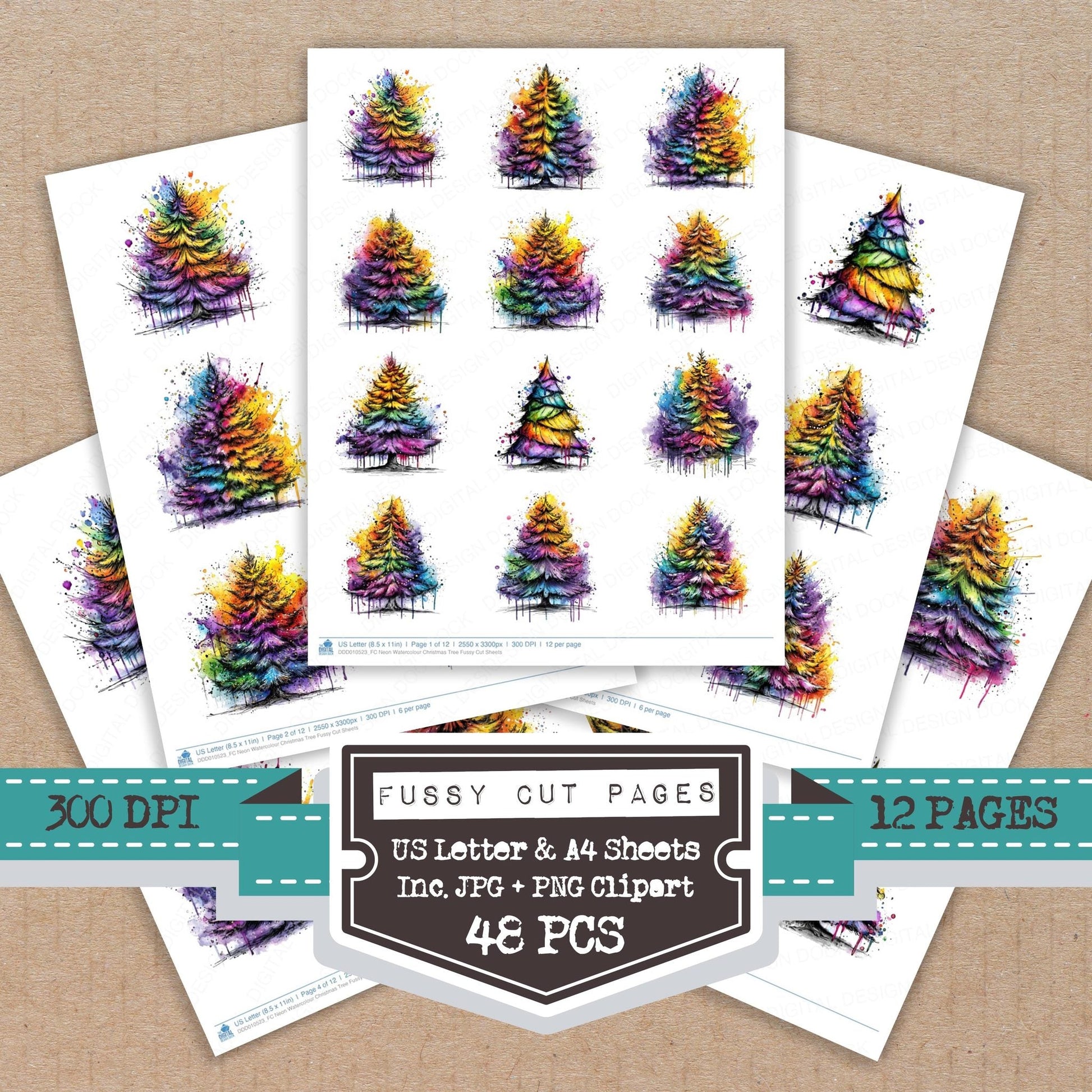 DDD010523_FC Neon Watercolour Christmas Tree Fussy Cut Sheets