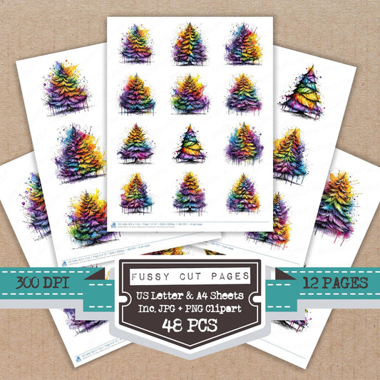 DDD010523_FC Neon Watercolour Christmas Tree Fussy Cut Sheets