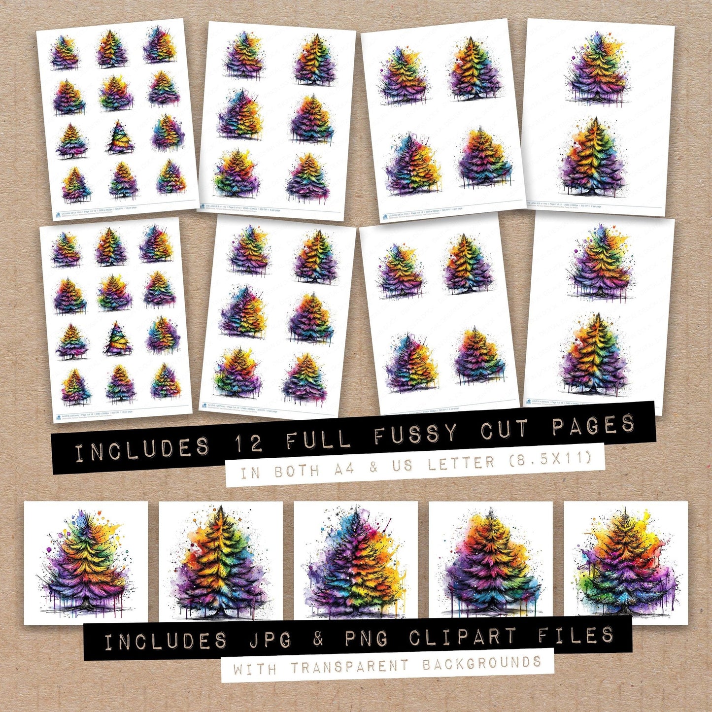 DDD010523_FC Neon Watercolour Christmas Tree Fussy Cut Sheets