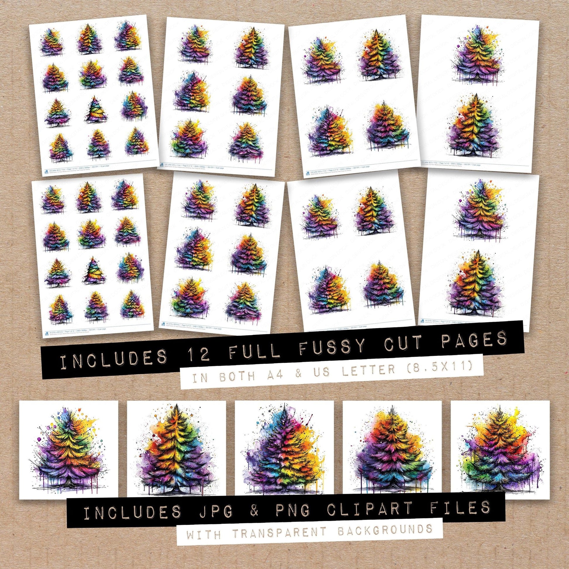 DDD010523_FC Neon Watercolour Christmas Tree Fussy Cut Sheets