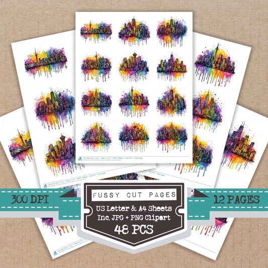 DDD010524_FC Neon Watercolour City Skyline Fussy Cut Sheets