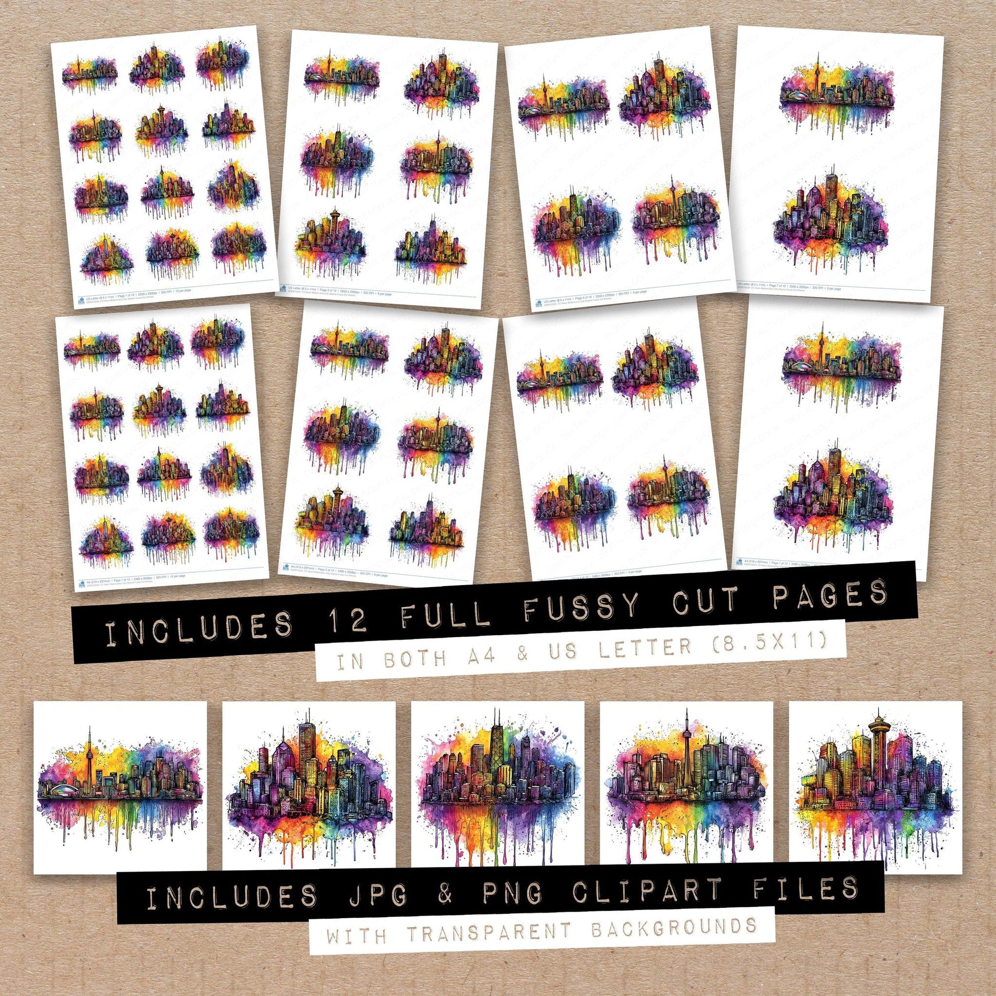 DDD010524_FC Neon Watercolour City Skyline Fussy Cut Sheets