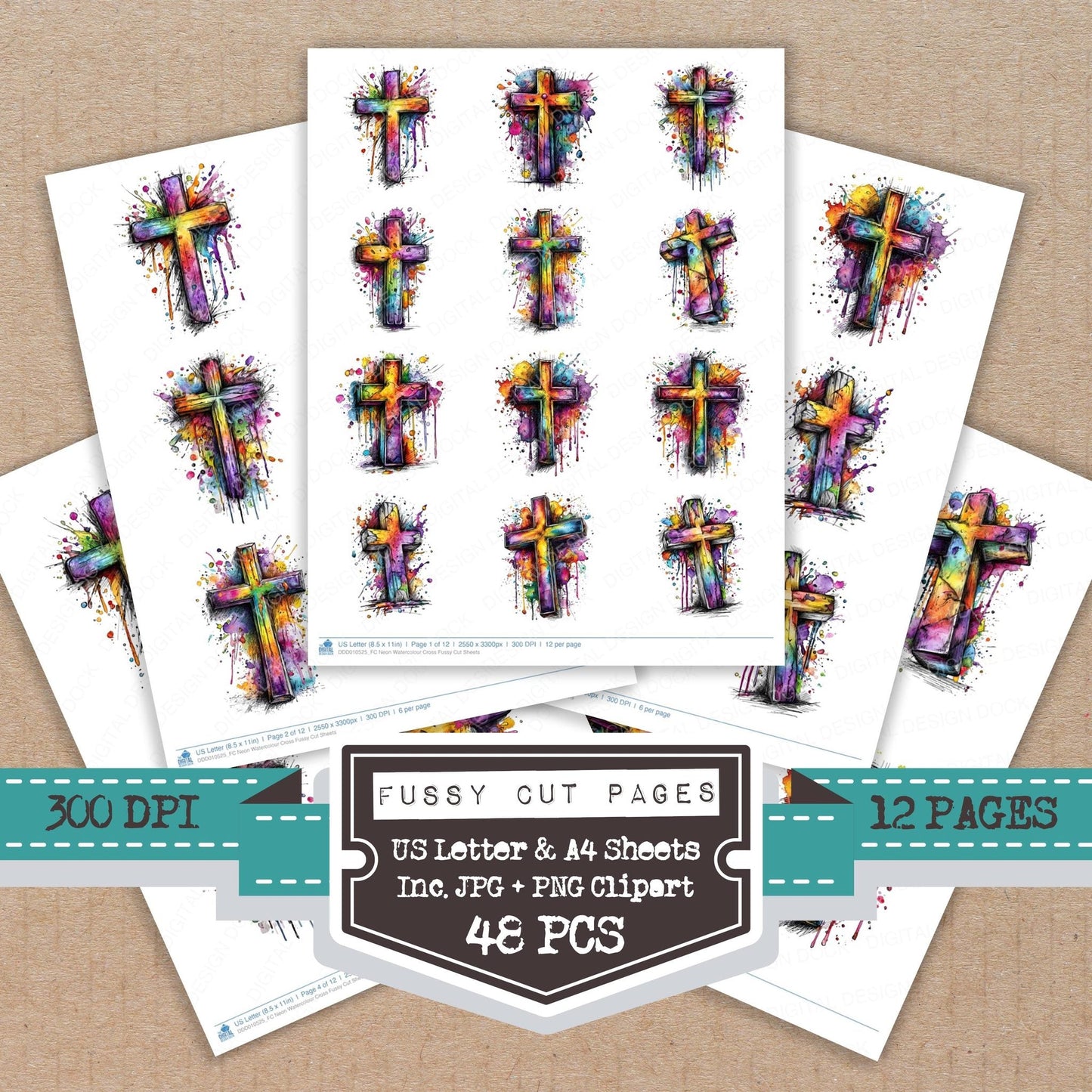 DDD010525_FC Neon Watercolour Cross Fussy Cut Sheets
