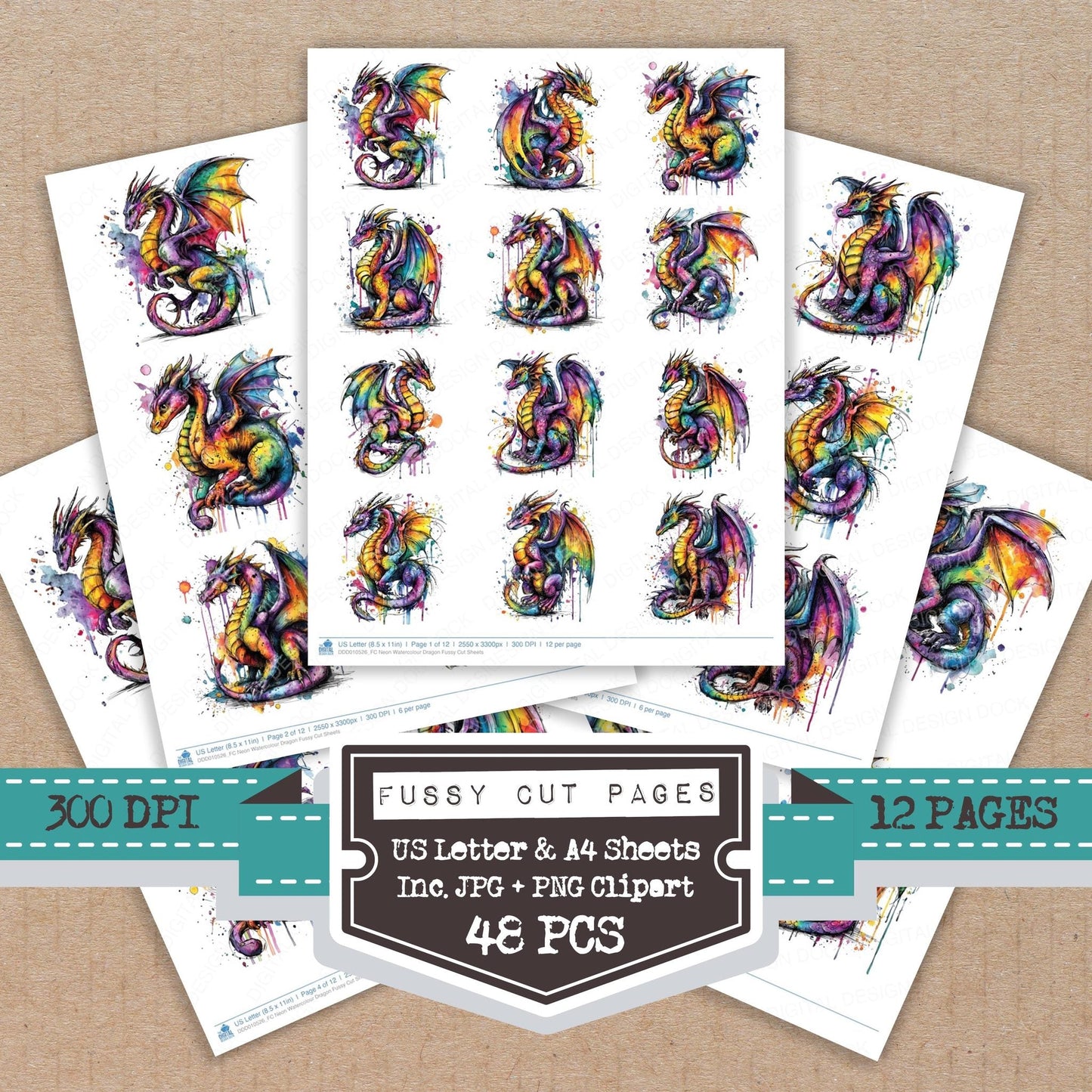 DDD010526_FC Neon Watercolour Dragon Fussy Cut Sheets