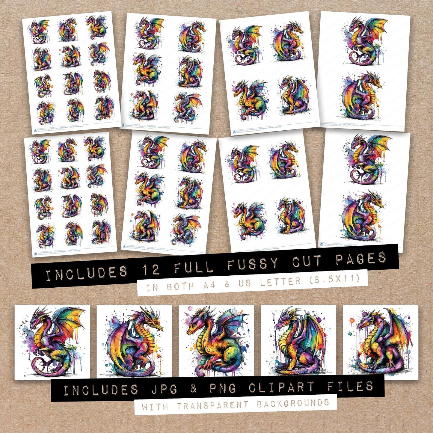 DDD010526_FC Neon Watercolour Dragon Fussy Cut Sheets