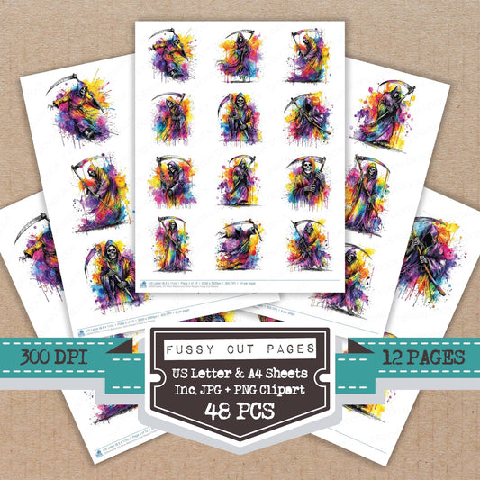 DDD010528_FC Neon Watercolour Grim Reaper Fussy Cut Sheets