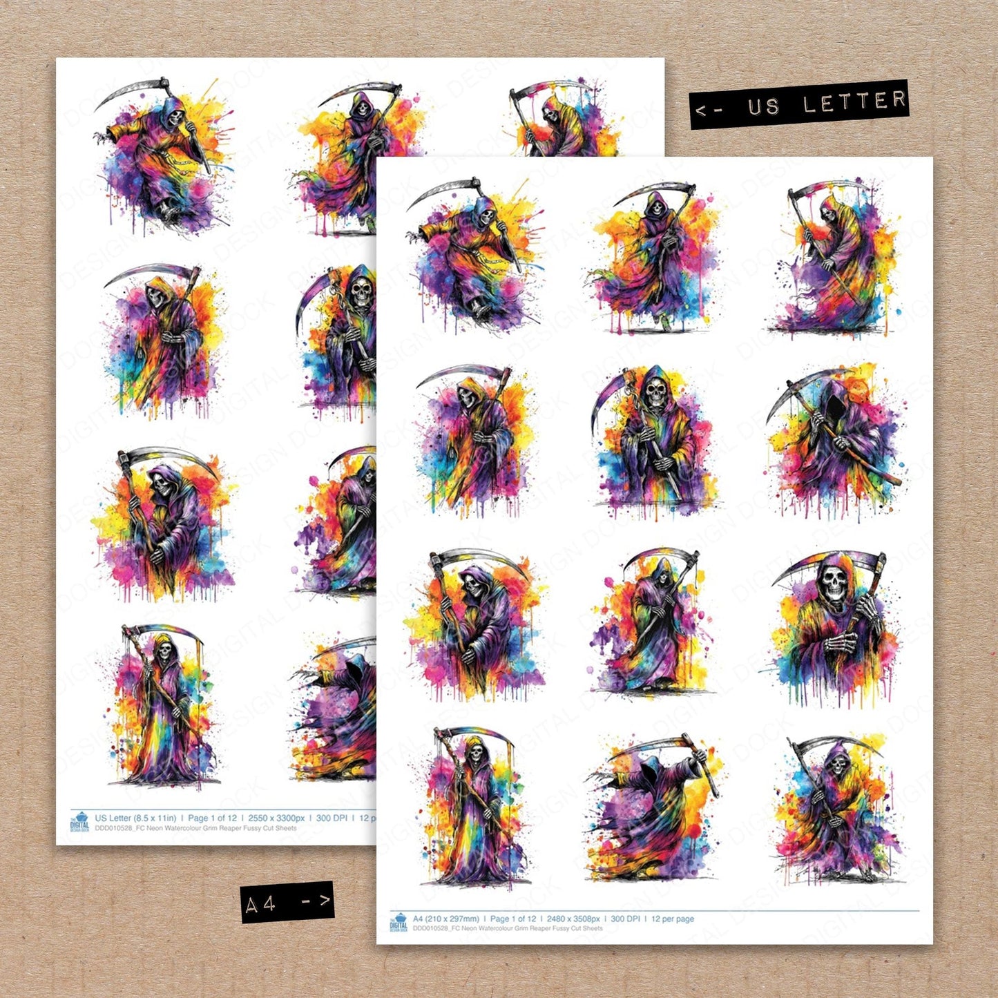 DDD010528_FC Neon Watercolour Grim Reaper Fussy Cut Sheets
