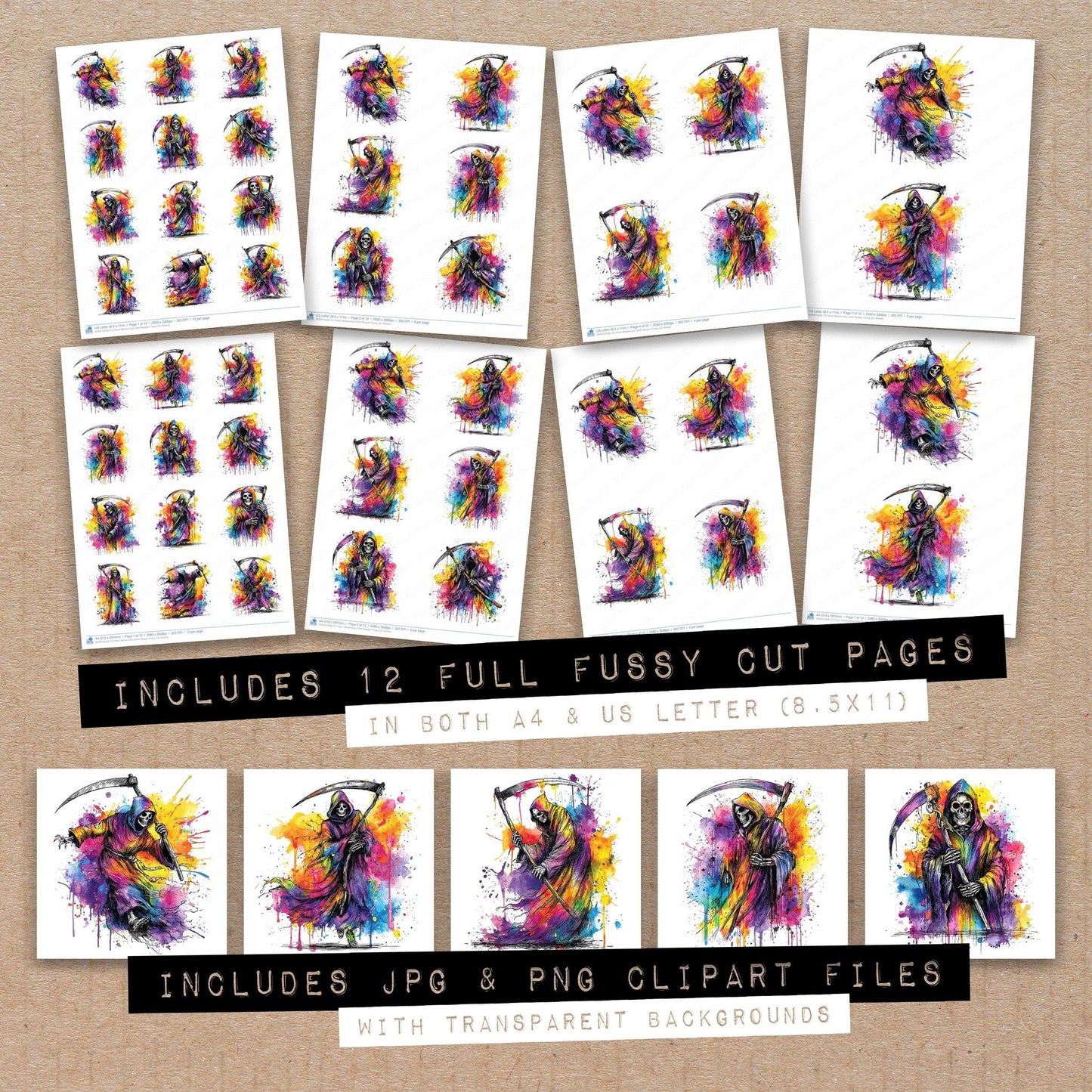 DDD010528_FC Neon Watercolour Grim Reaper Fussy Cut Sheets
