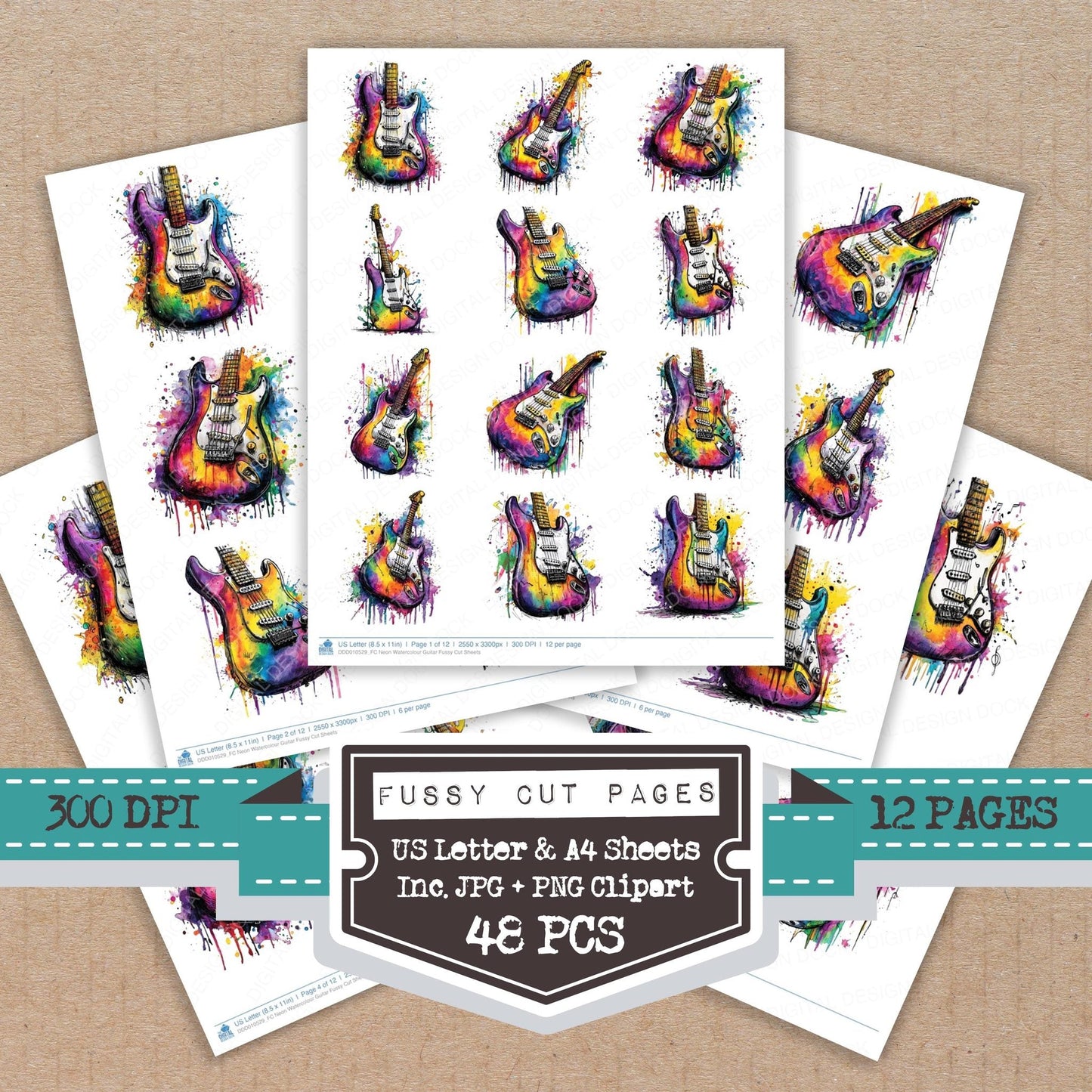 DDD010529_FC Neon Watercolour Guitar Fussy Cut Sheets