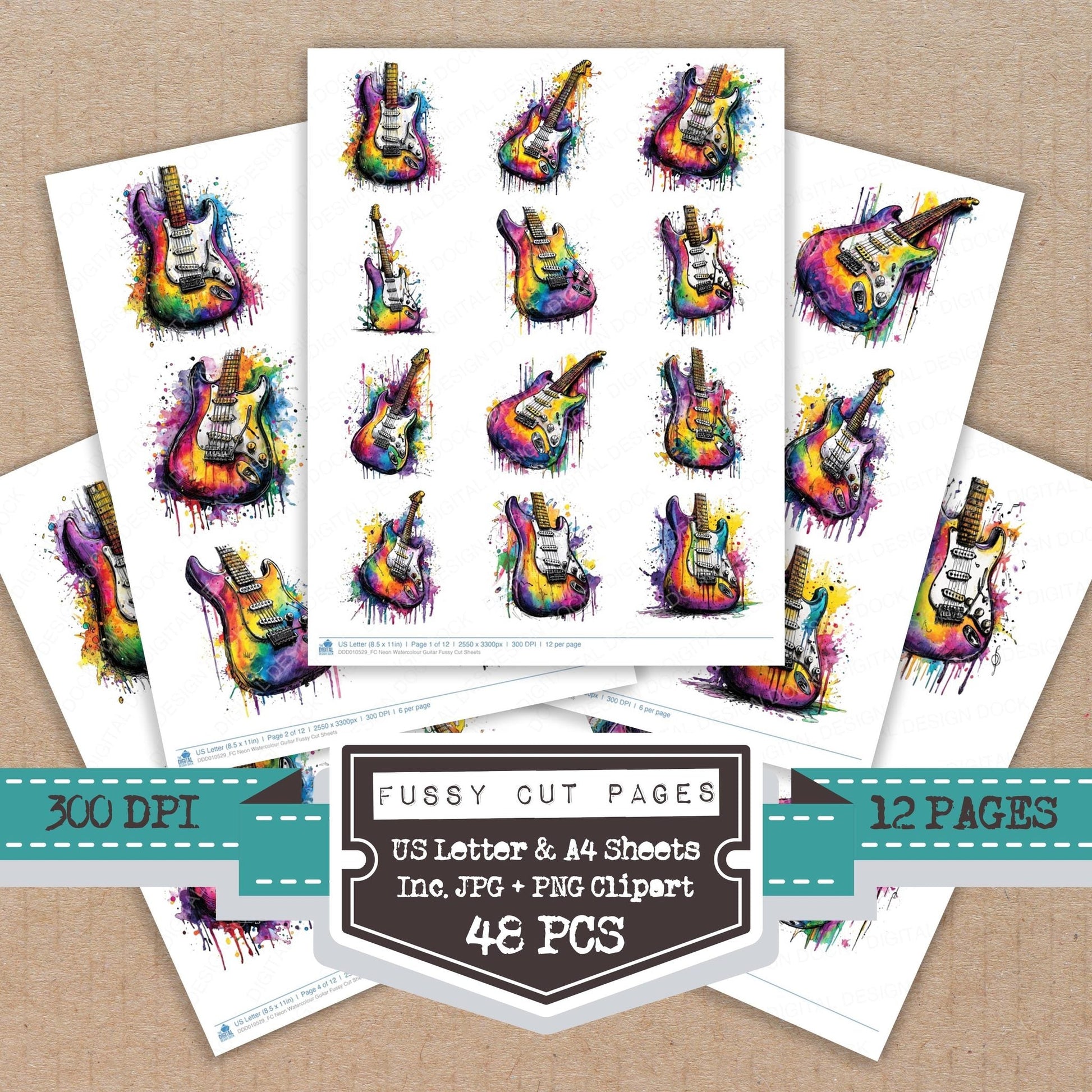 DDD010529_FC Neon Watercolour Guitar Fussy Cut Sheets