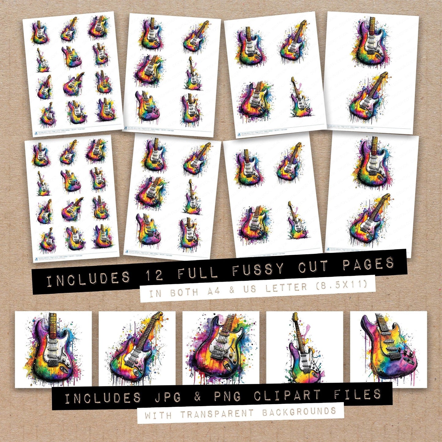 DDD010529_FC Neon Watercolour Guitar Fussy Cut Sheets