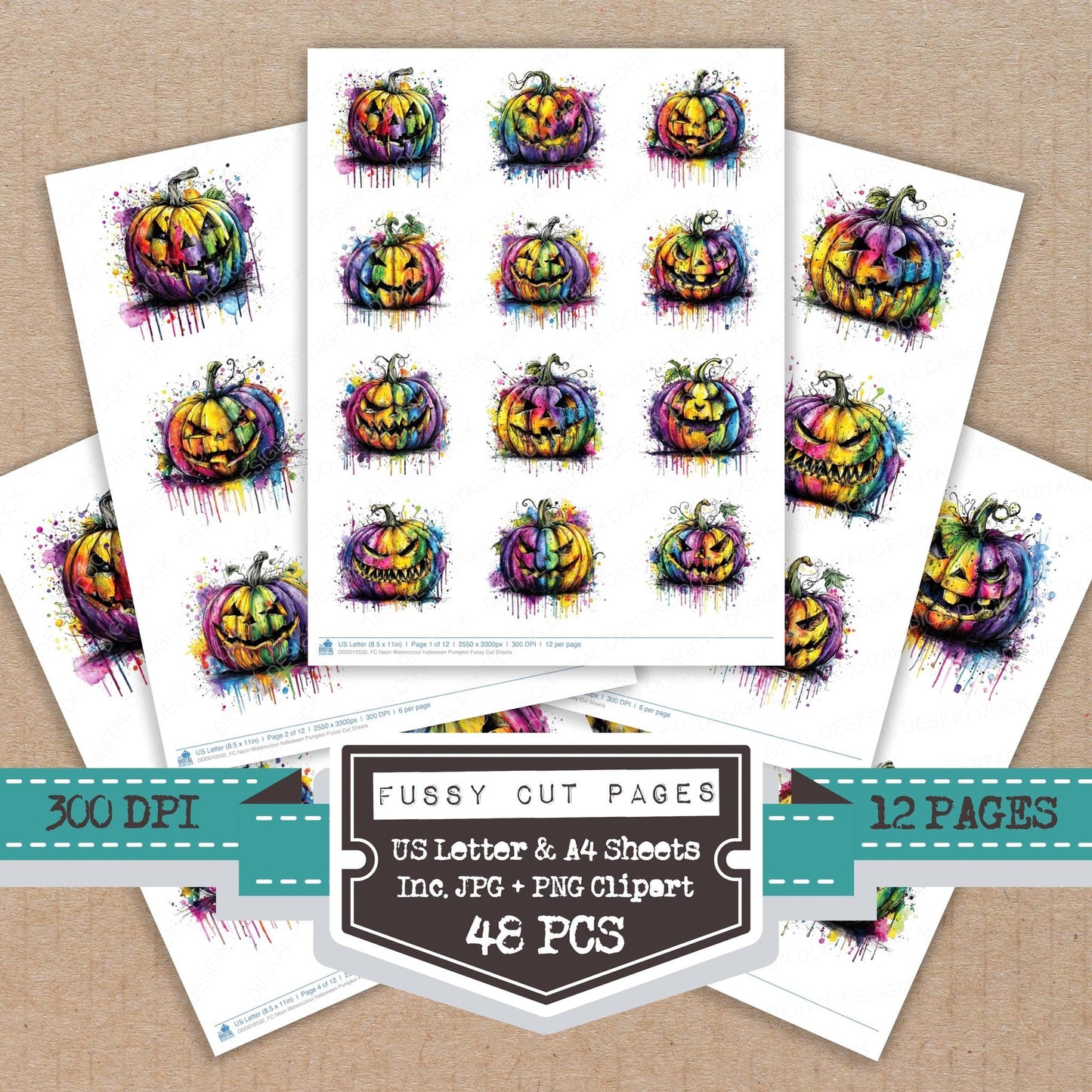 DDD010530_FC Neon Watercolour halloween Pumpkin Fussy Cut Sheets