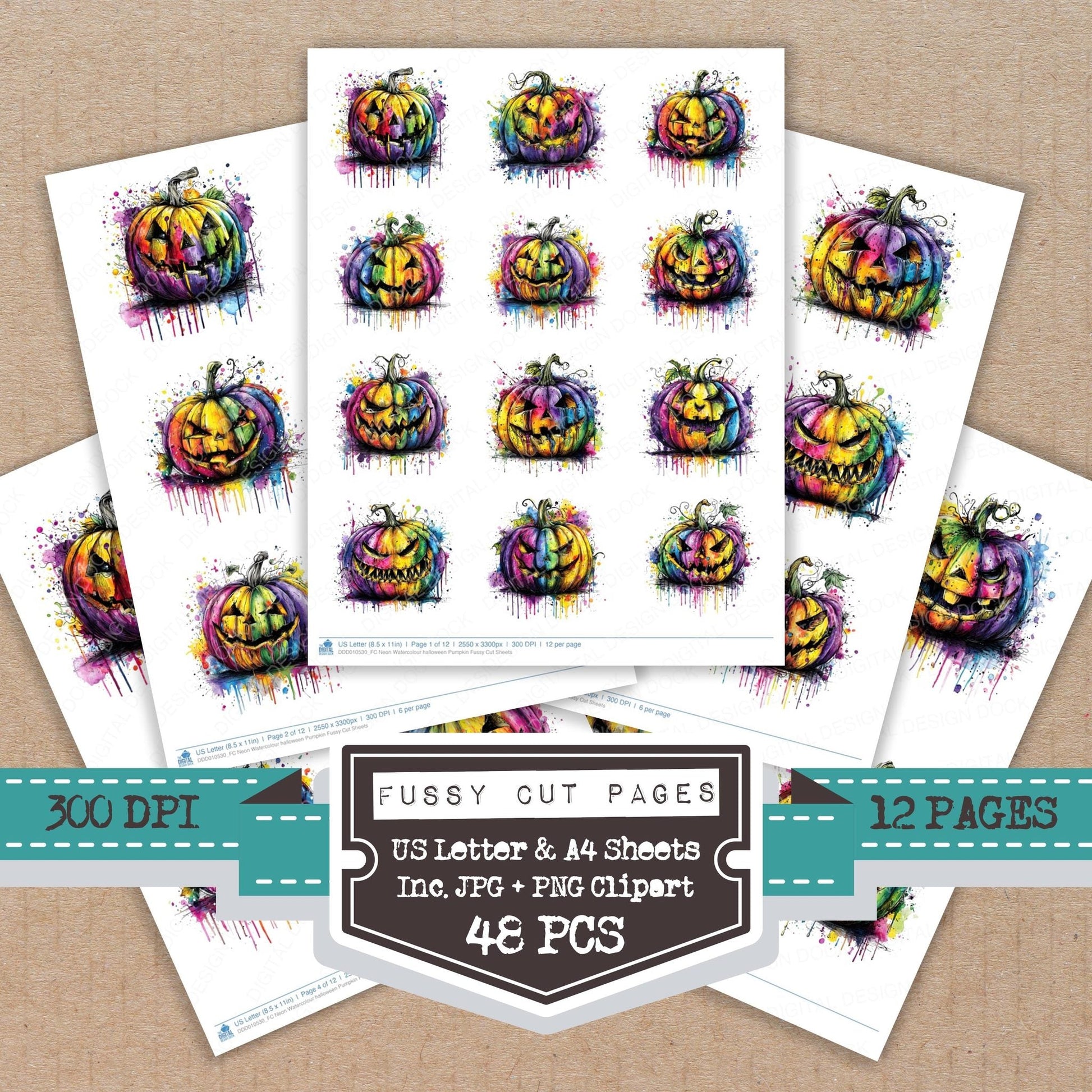 DDD010530_FC Neon Watercolour halloween Pumpkin Fussy Cut Sheets