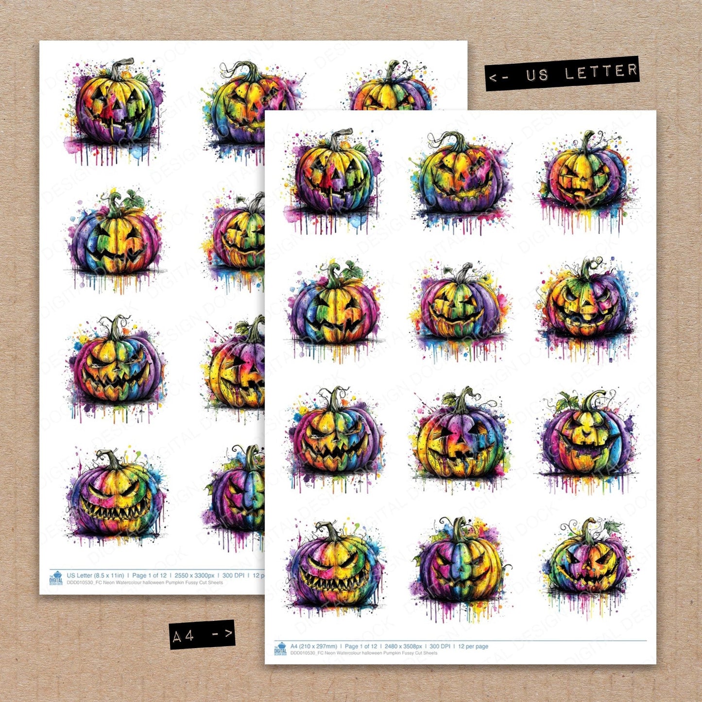 DDD010530_FC Neon Watercolour halloween Pumpkin Fussy Cut Sheets