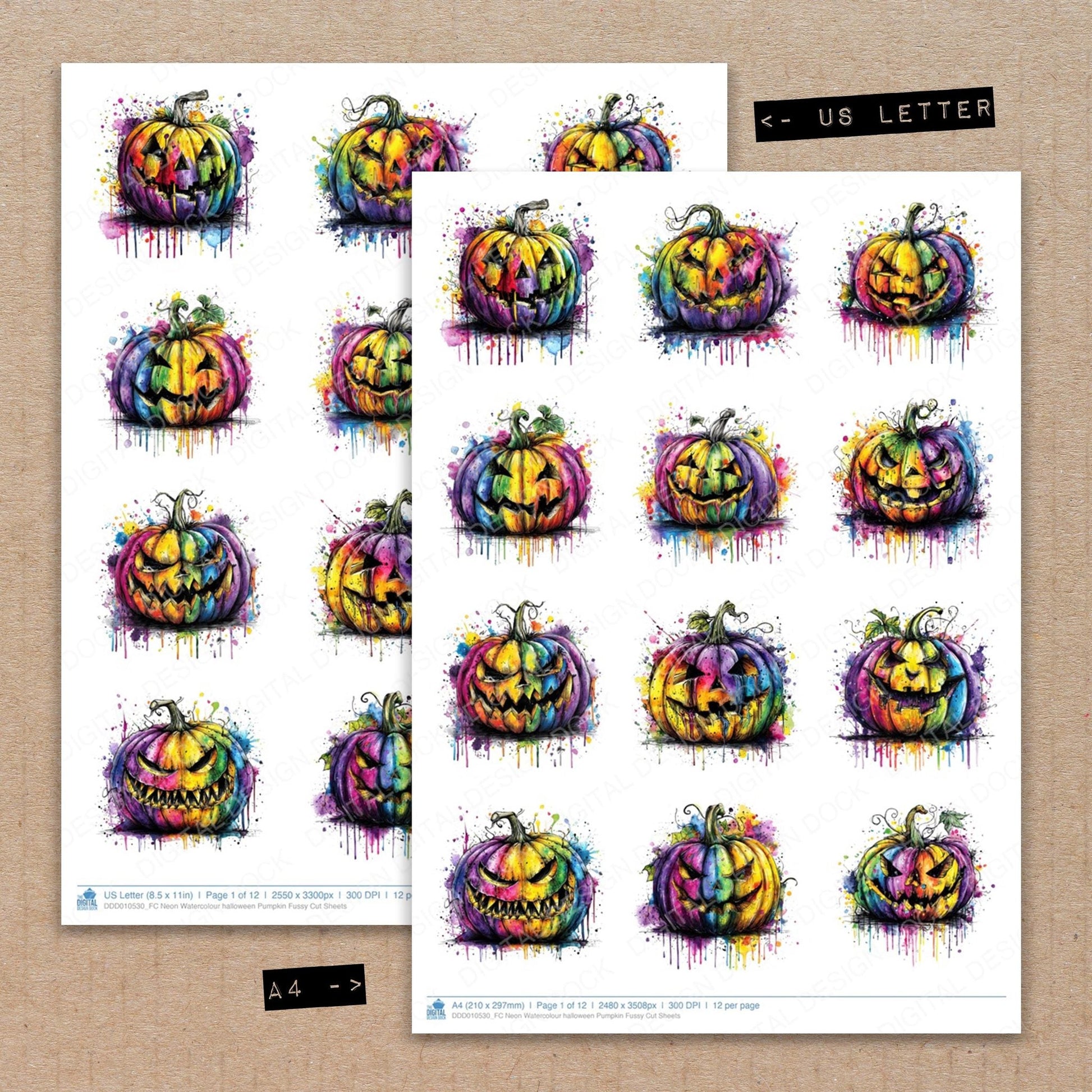 DDD010530_FC Neon Watercolour halloween Pumpkin Fussy Cut Sheets