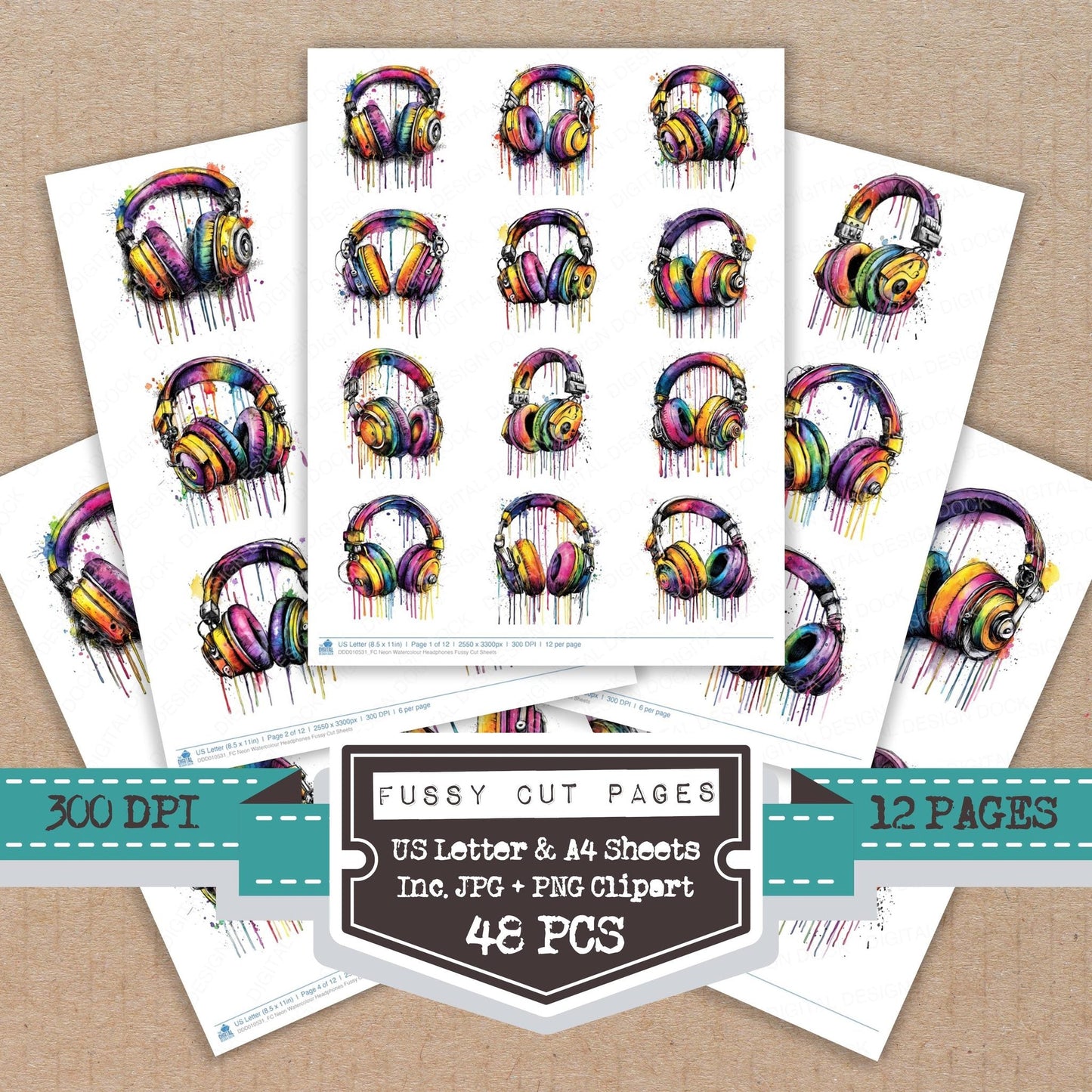 DDD010531_FC Neon Watercolour Headphones Fussy Cut Sheets