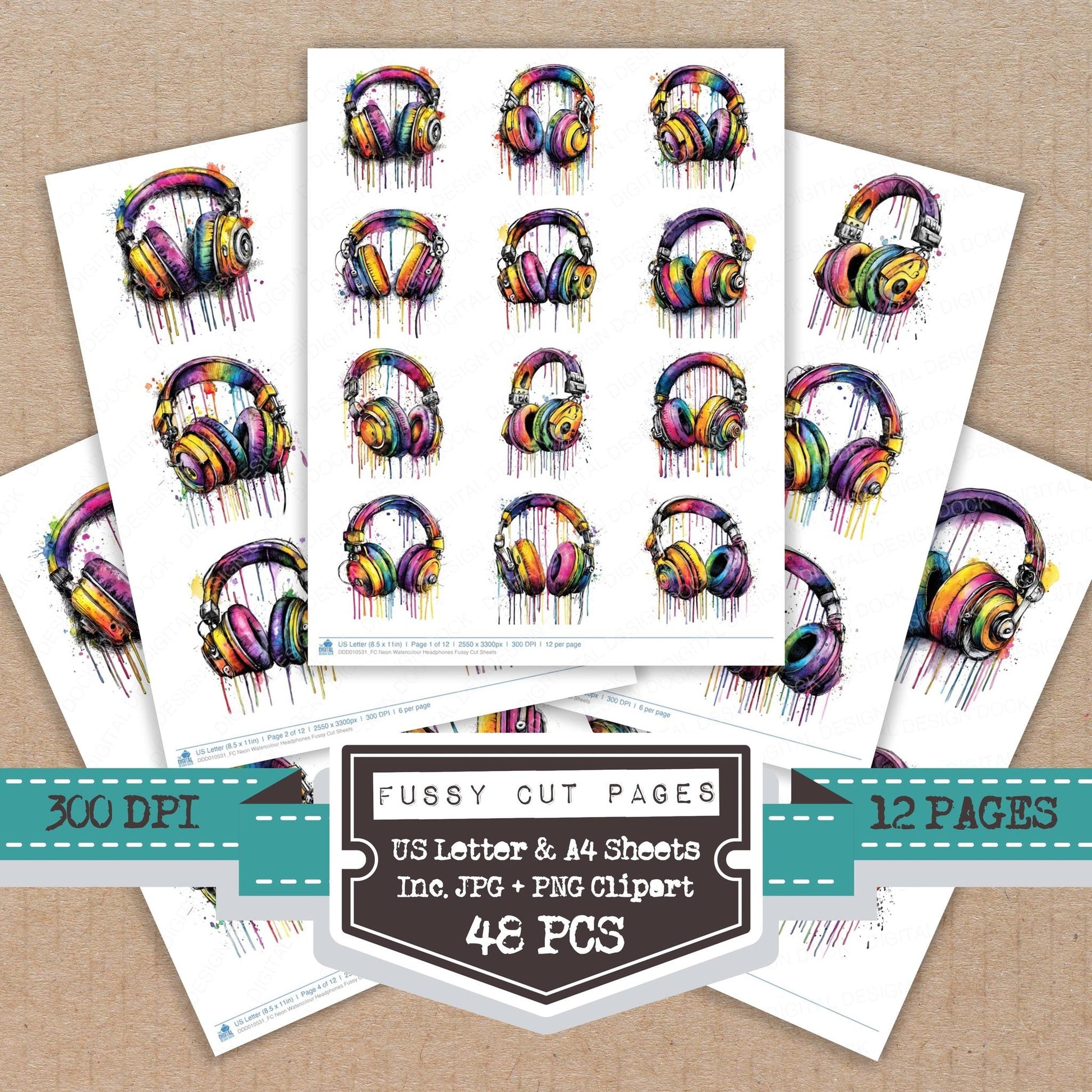 DDD010531_FC Neon Watercolour Headphones Fussy Cut Sheets