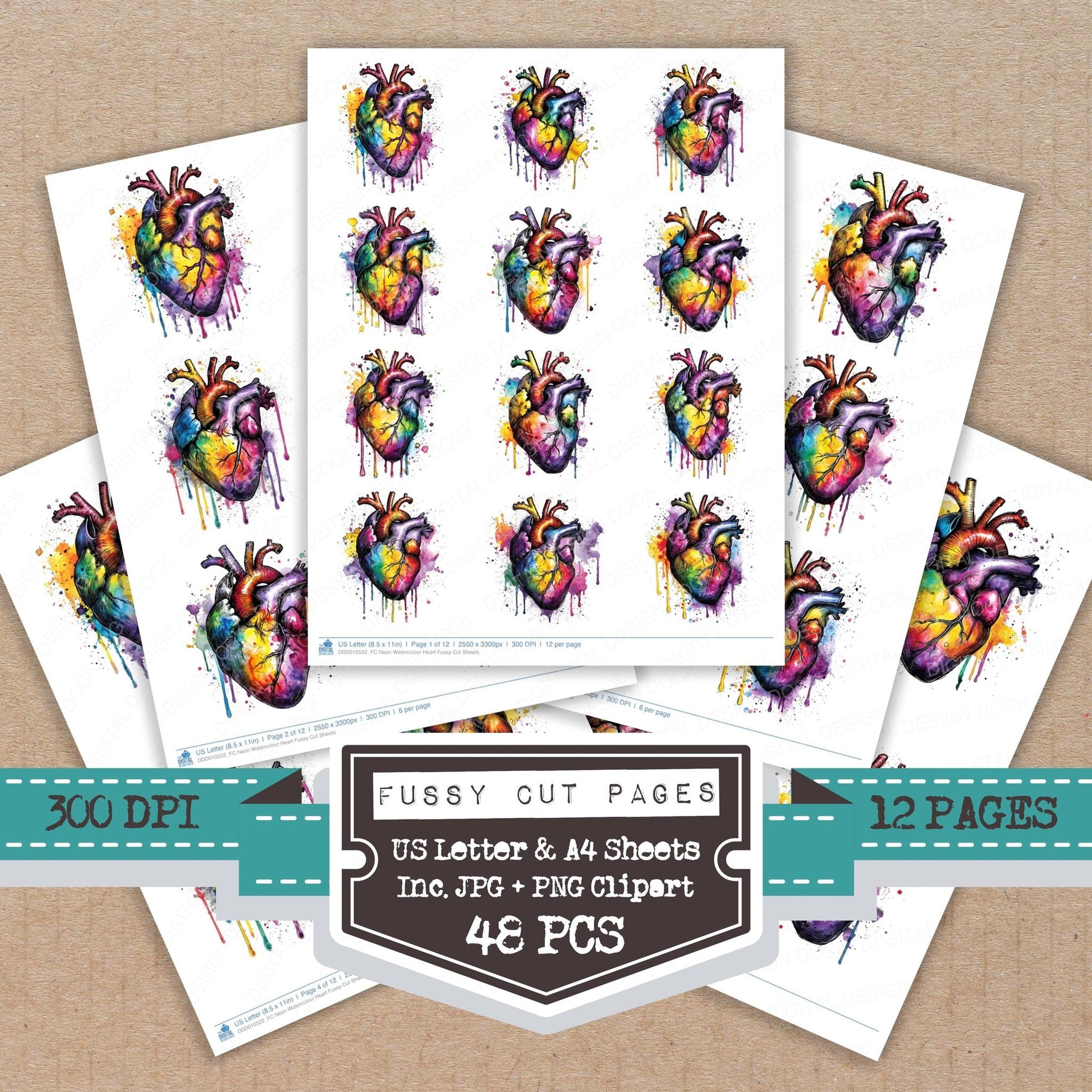 DDD010532_FC Neon Watercolour Heart Fussy Cut Sheets