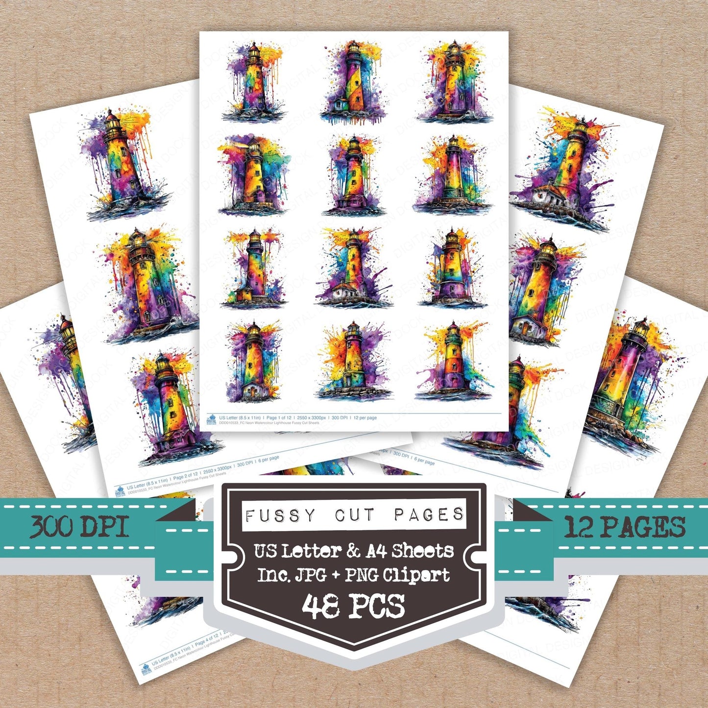 DDD010533_FC Neon Watercolour Lighthouse Fussy Cut Sheets