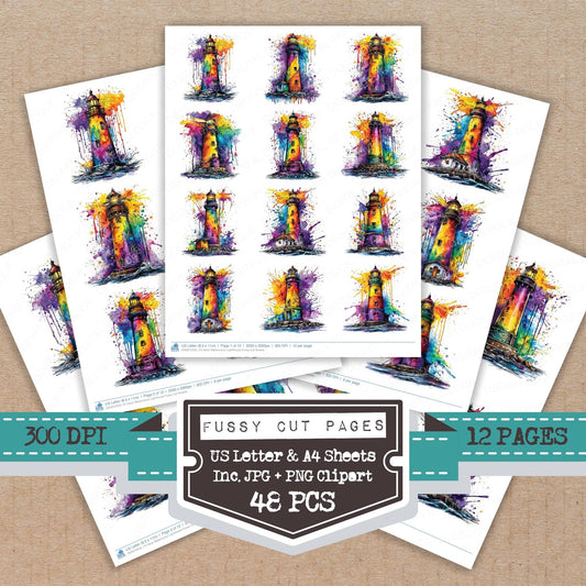 DDD010533_FC Neon Watercolour Lighthouse Fussy Cut Sheets