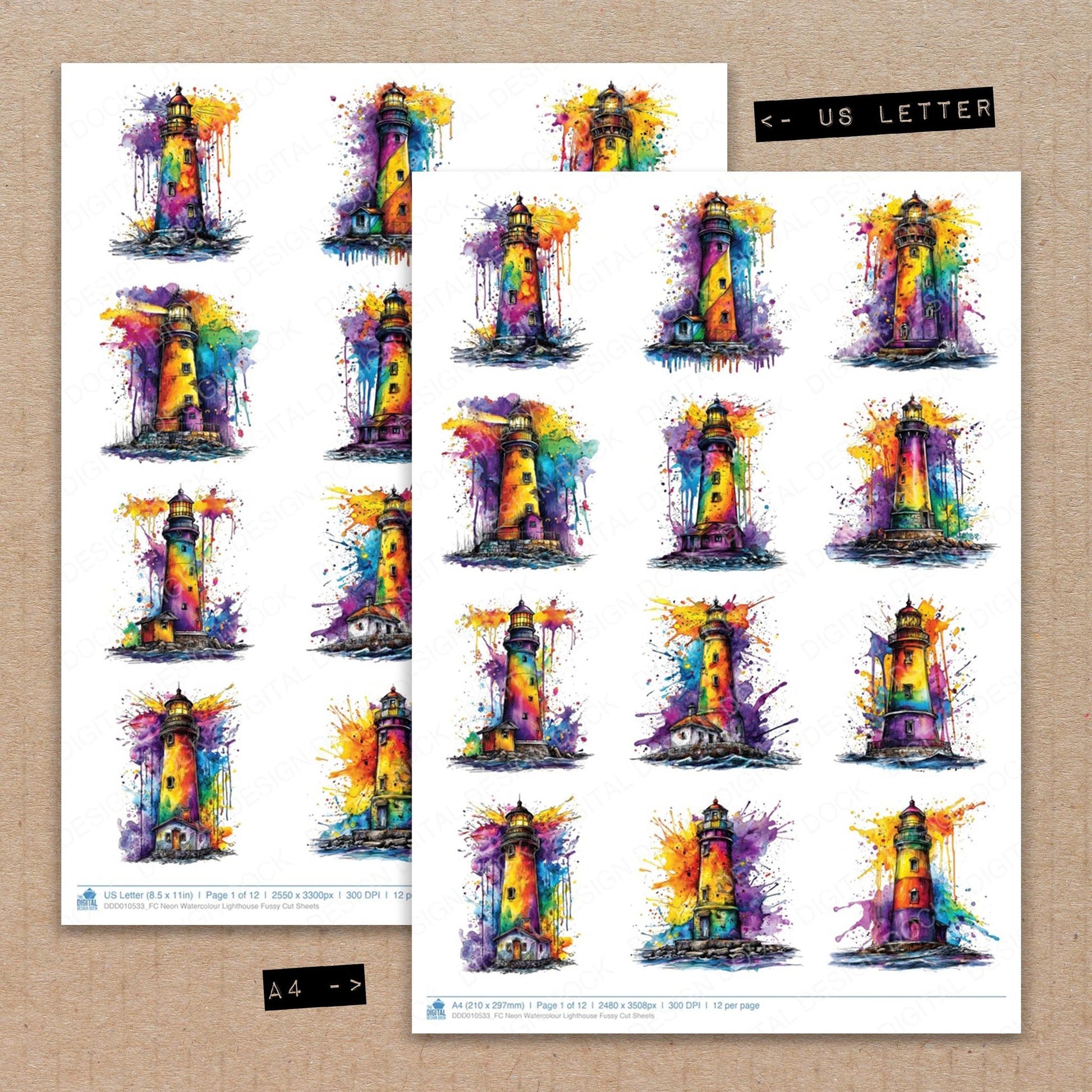 DDD010533_FC Neon Watercolour Lighthouse Fussy Cut Sheets