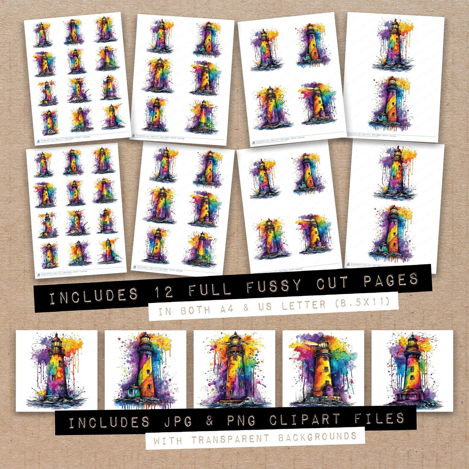 DDD010533_FC Neon Watercolour Lighthouse Fussy Cut Sheets