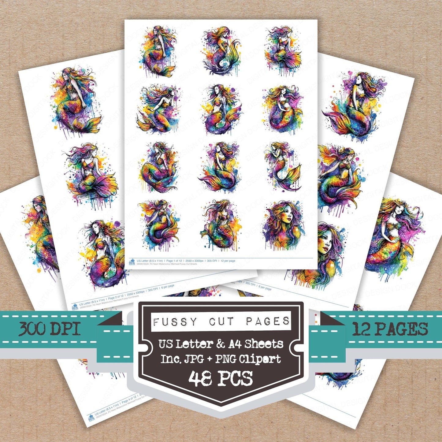 DDD010534_FC Neon Watercolour Mermaid Fussy Cut Sheets