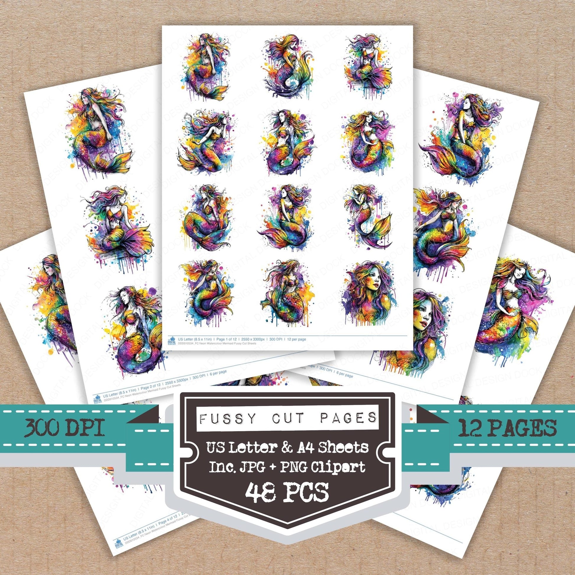 DDD010534_FC Neon Watercolour Mermaid Fussy Cut Sheets