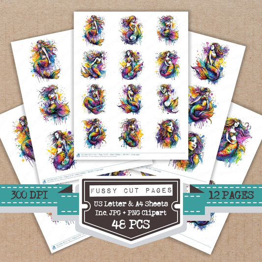 DDD010534_FC Neon Watercolour Mermaid Fussy Cut Sheets