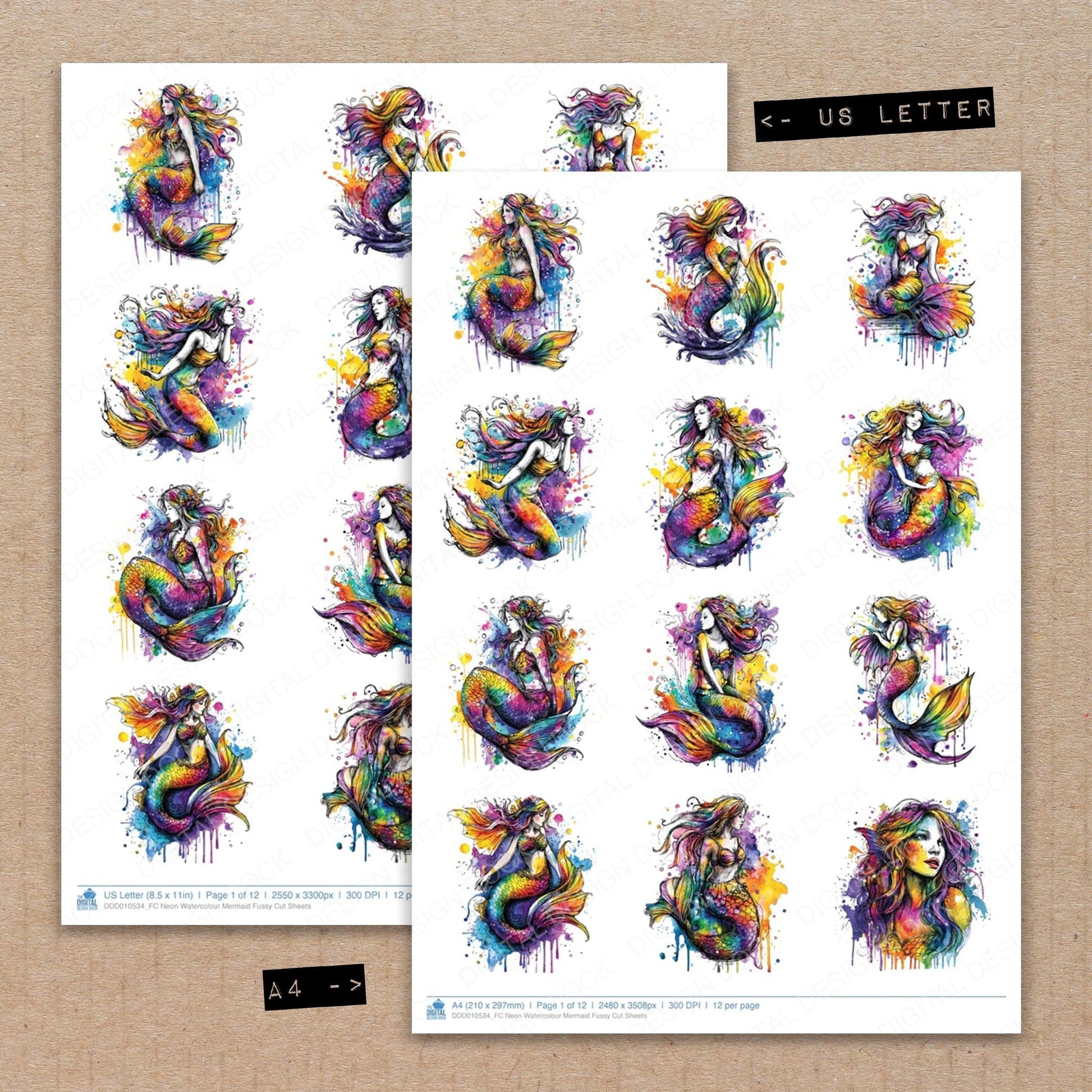 DDD010534_FC Neon Watercolour Mermaid Fussy Cut Sheets