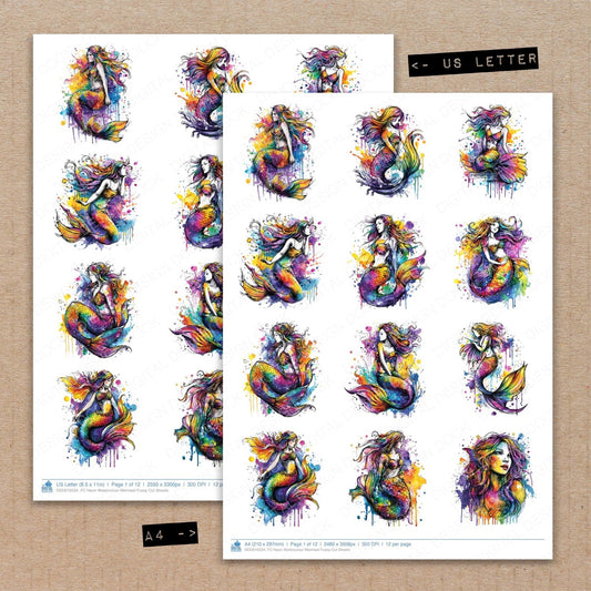 DDD010534_FC Neon Watercolour Mermaid Fussy Cut Sheets