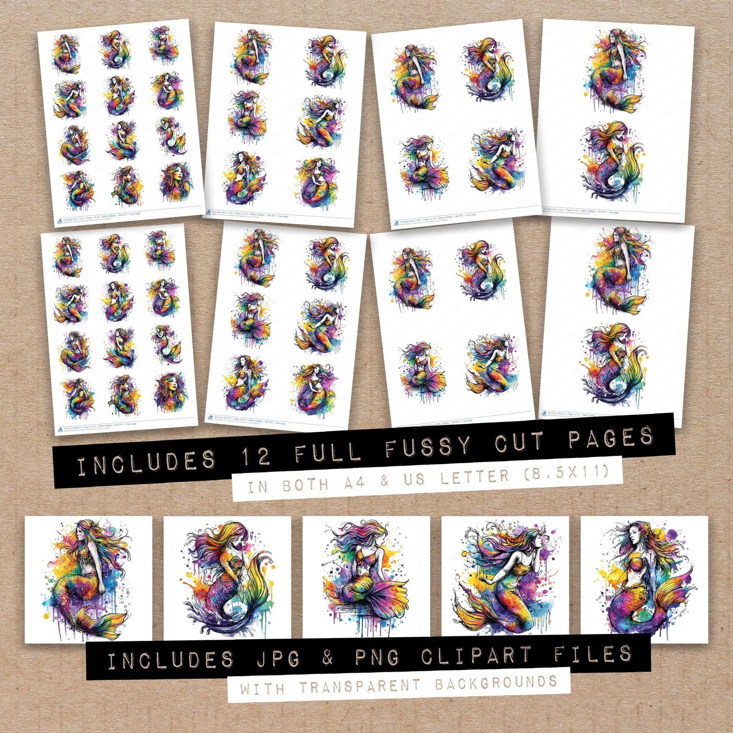 DDD010534_FC Neon Watercolour Mermaid Fussy Cut Sheets