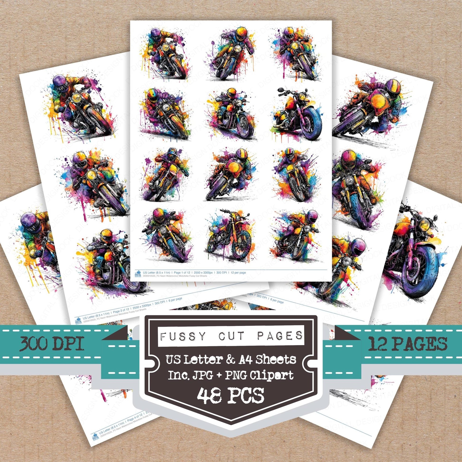 DDD010535_FC Neon Watercolour Motorbike Fussy Cut Sheets