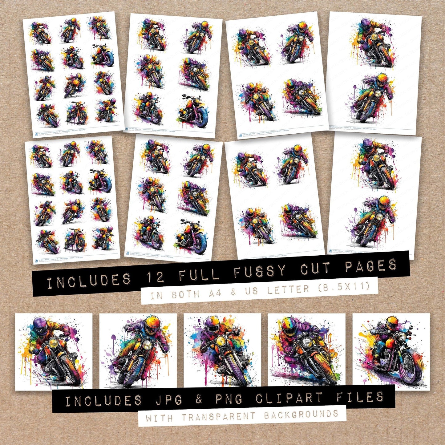 DDD010535_FC Neon Watercolour Motorbike Fussy Cut Sheets