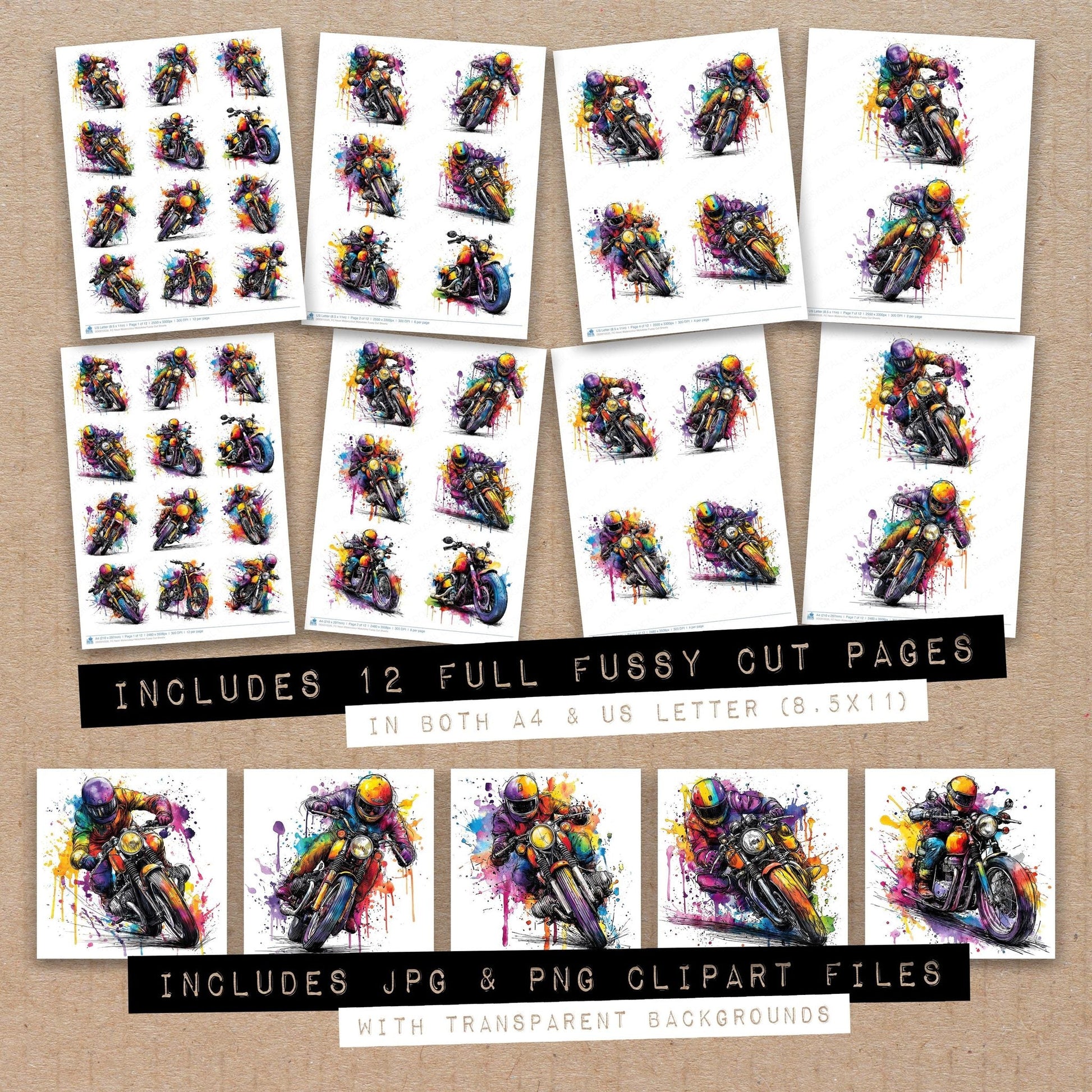 DDD010535_FC Neon Watercolour Motorbike Fussy Cut Sheets