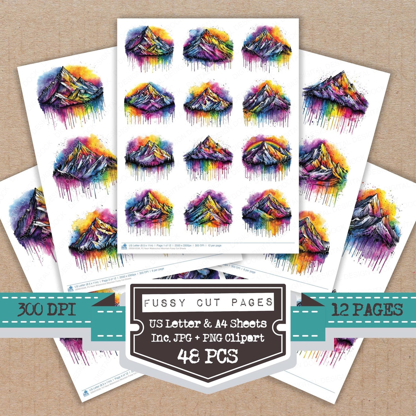 DDD010536_FC Neon Watercolour Mountain Fussy Cut Sheets