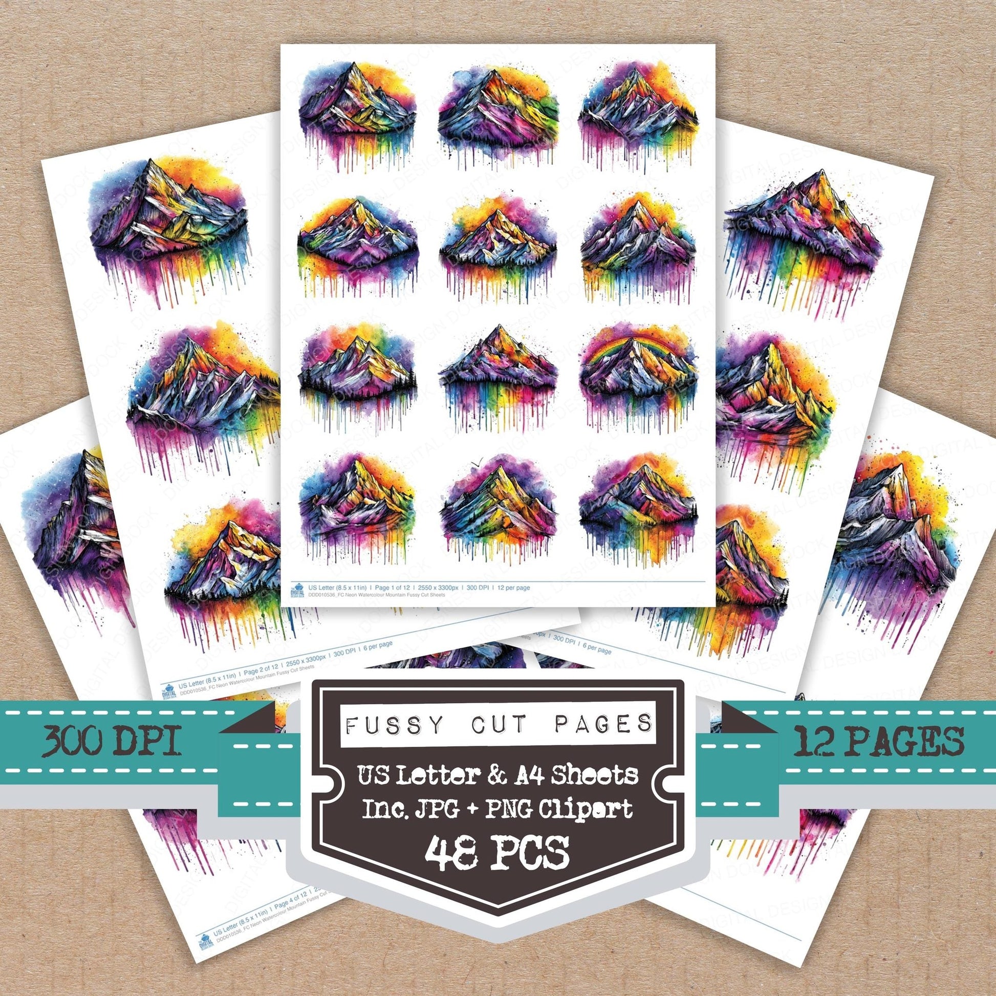 DDD010536_FC Neon Watercolour Mountain Fussy Cut Sheets