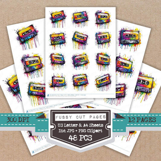 Neon Watercolour Music Cassette Tape Fussy Cut Sheets (DDD010537)