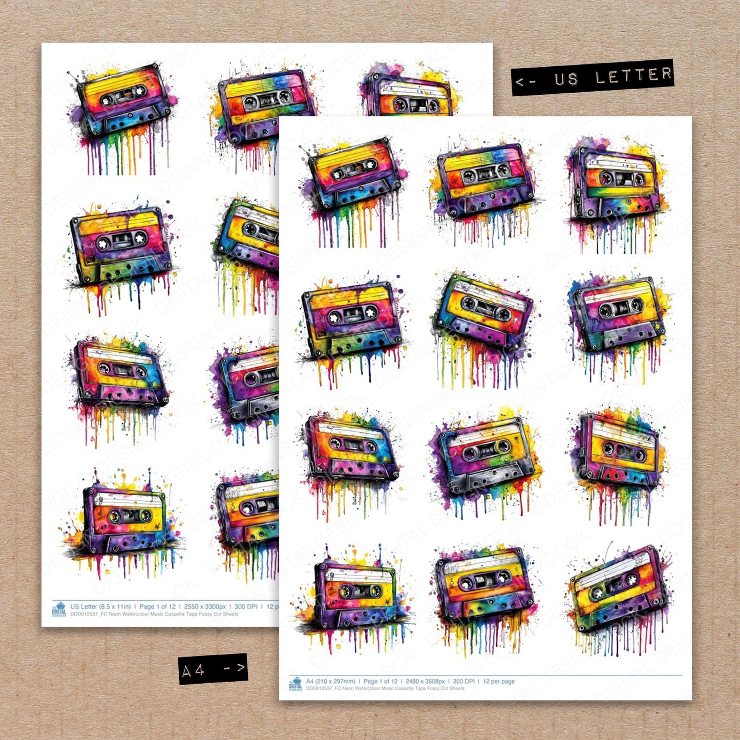 Neon Watercolour Music Cassette Tape Fussy Cut Sheets (DDD010537)