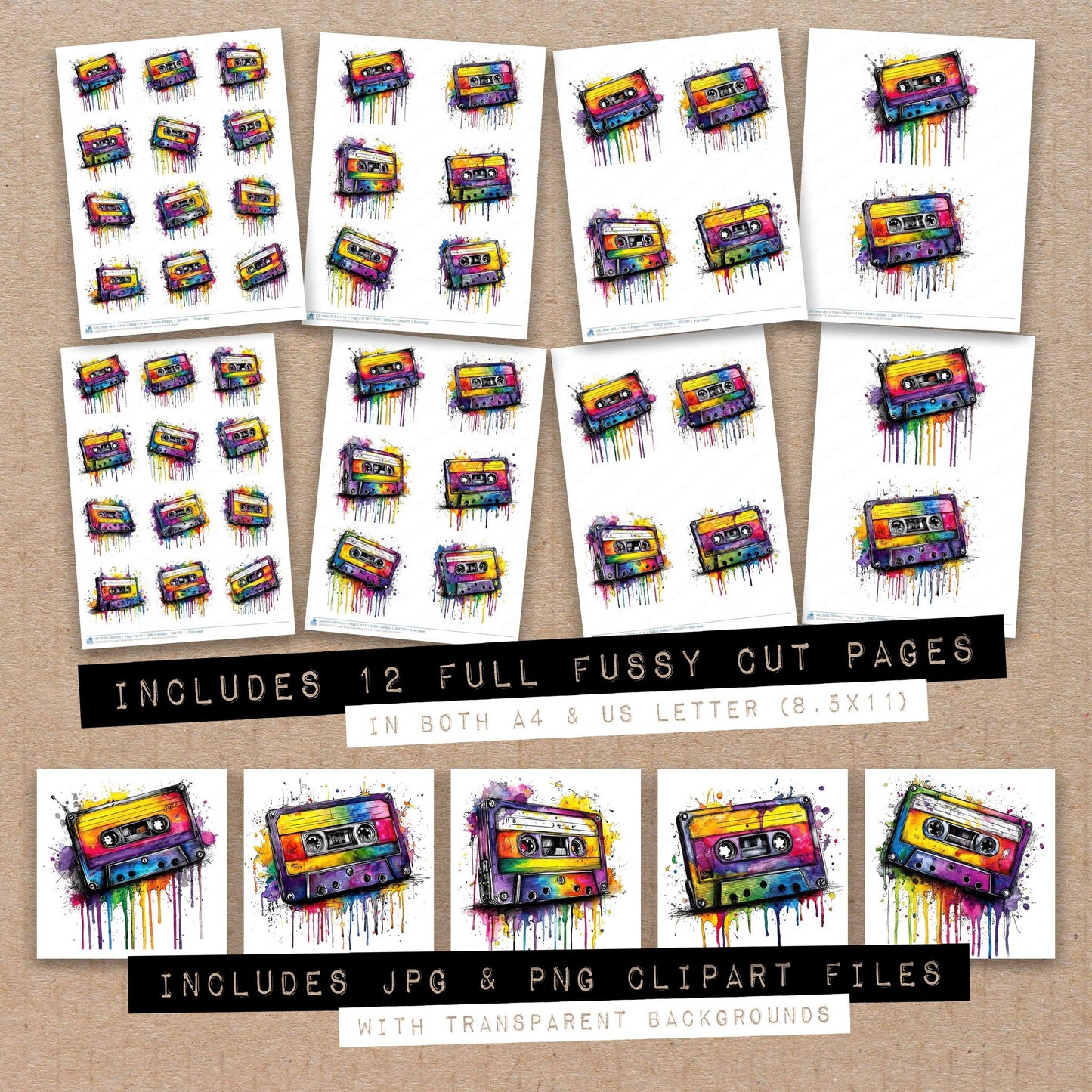 Neon Watercolour Music Cassette Tape Fussy Cut Sheets (DDD010537)