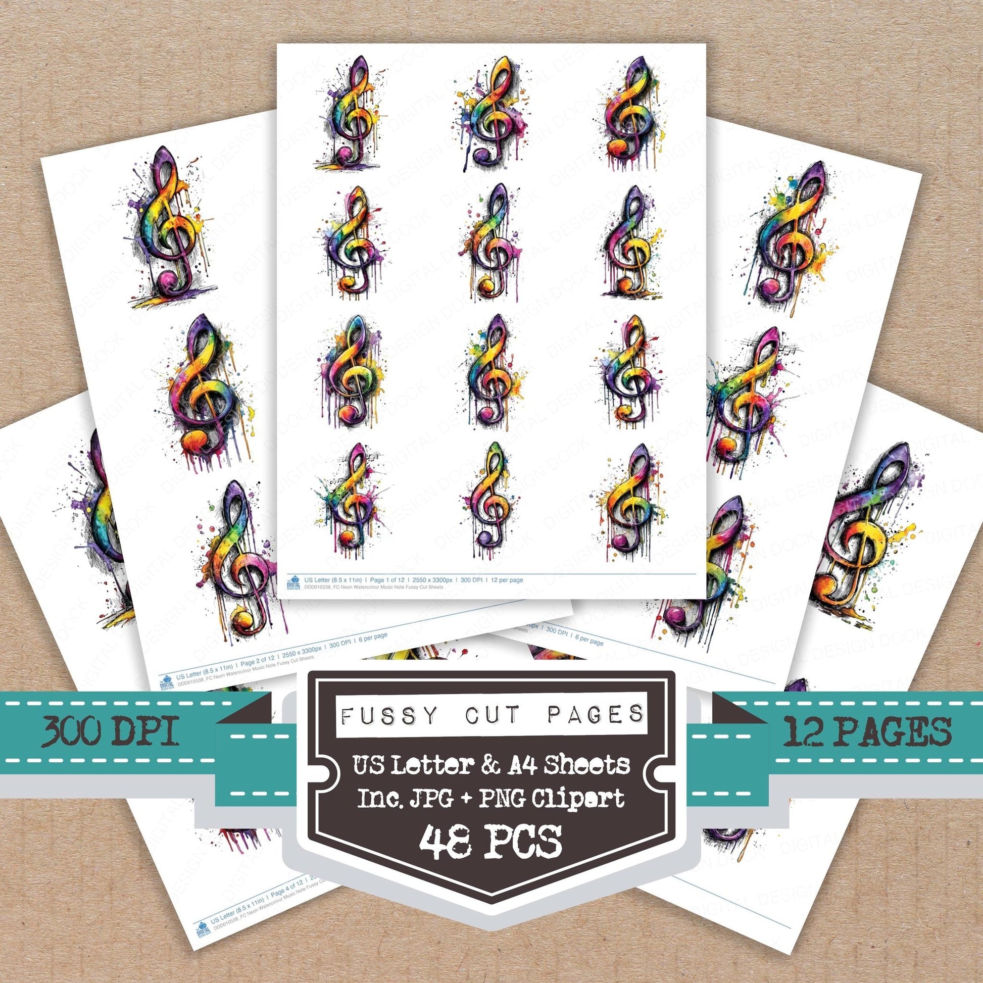 DDD010538_FC Neon Watercolour Music Note Fussy Cut Sheets