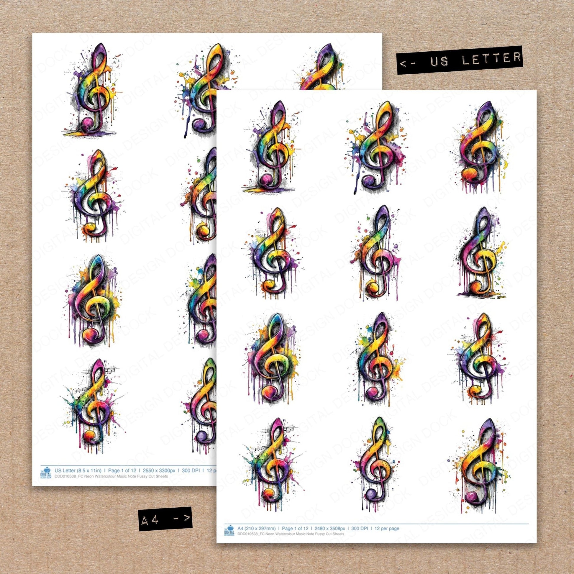 DDD010538_FC Neon Watercolour Music Note Fussy Cut Sheets