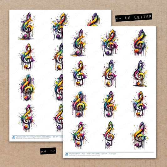DDD010538_FC Neon Watercolour Music Note Fussy Cut Sheets