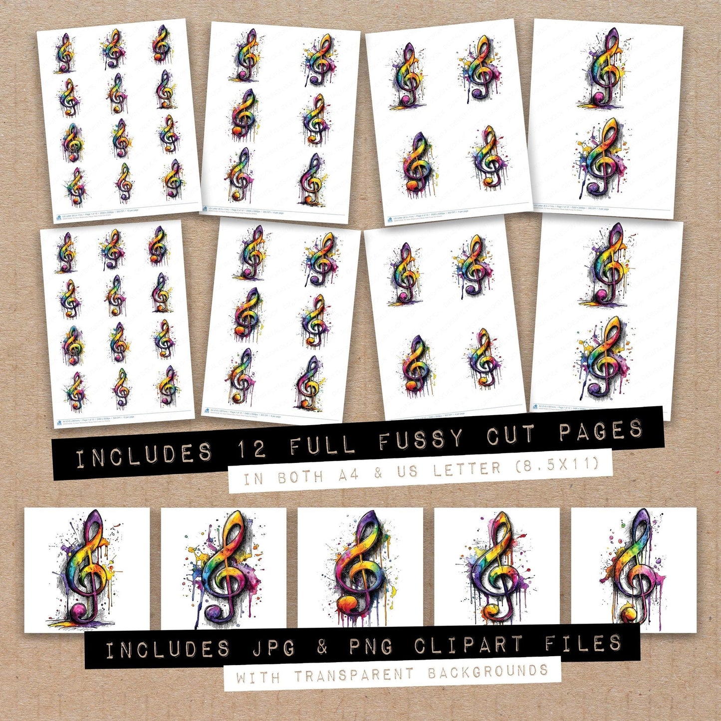 DDD010538_FC Neon Watercolour Music Note Fussy Cut Sheets