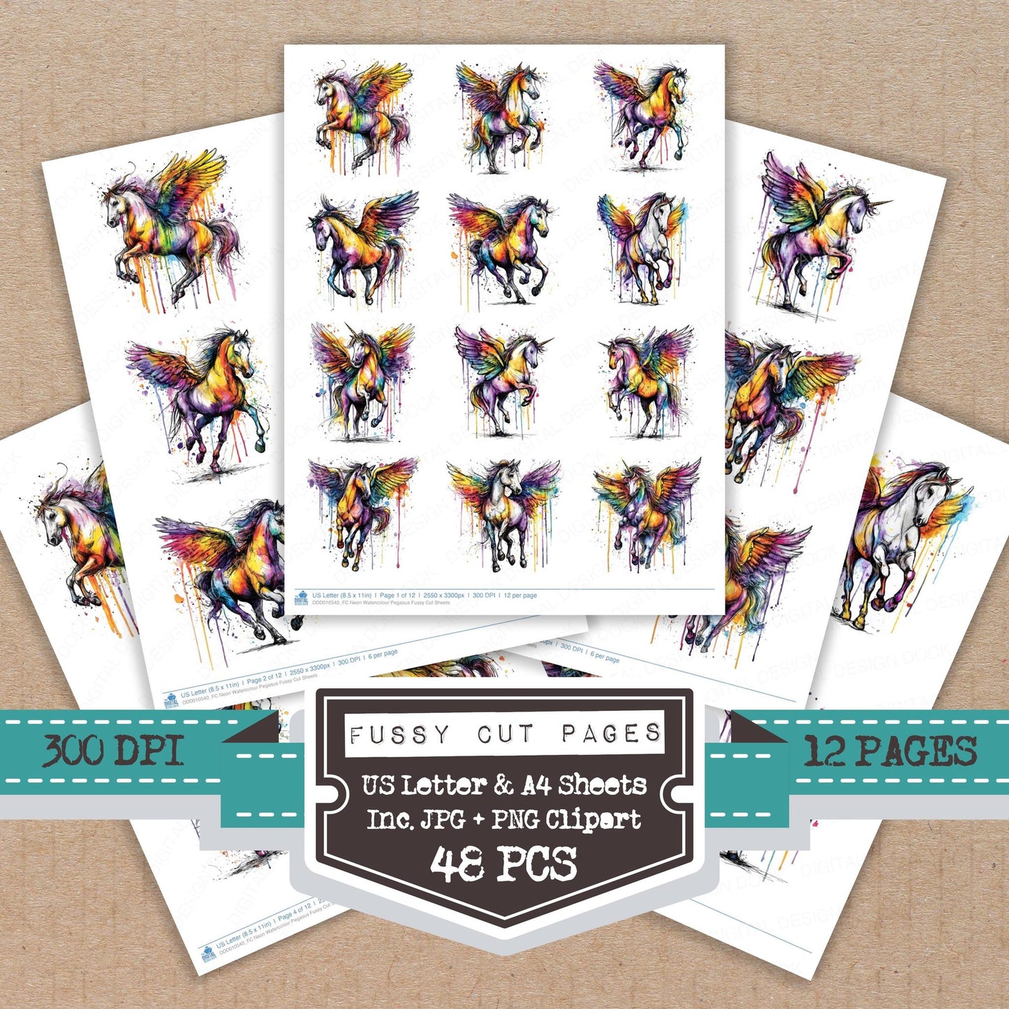 Neon Watercolour Pegasus Fussy Cut Sheets (DDD010540)